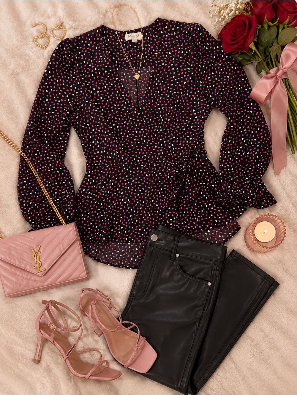 meraki Black Wrap Blouse with Pink and White Heart Print